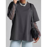 Faux Layered Round Neck Mesh Sleeve Top