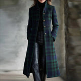 Person wearing a long plaid coat with a blurred background