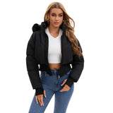 Women's Waist-tight Big Fur Collar Hooded Short Cotton Jacket