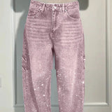 Ins Shiny Straight Jeans With Pockets Fashion Loose Wide-leg Pants