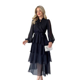 Solid Color Chiffon Long Sleeve Multi-layer Lace-up Elegant Dress Women