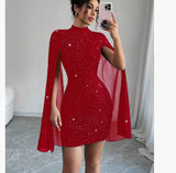 Round Neck Pit Stripe Pearl Chiffon Cape Sleeve Wrapped Hip Dress
