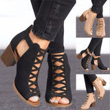 Thick-heeled High-heeled Roman Fish Mouth Hollowed Buckle Sandals