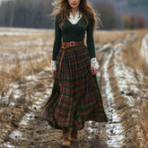 European And American Women's Autumn And Winter Plaid Maxi Dress Retro V-neck Long Sleeve Pastoral Style Dress