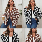 Contrast Patchwork Chessboard Plaid Loose Casual Sweater Coat