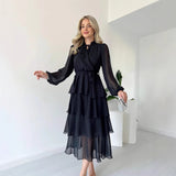 Solid Color Chiffon Long Sleeve Multi-layer Lace-up Elegant Dress Women