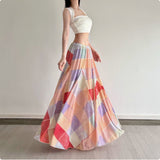 Colorful Flower Niche Artistic Colorblock Plaid Skirt
