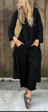 2pcs Long-sleeved Suits Loose V-neck Long Top And High Waist Wide Leg Pants