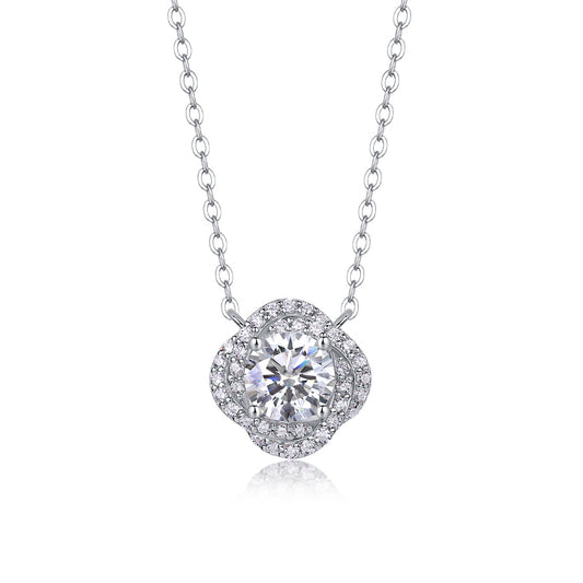 Silver necklace with a round diamond pendant on a white background