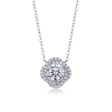 Silver necklace with a round diamond pendant on a white background