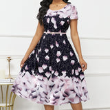 Ladies' Elegant Starry Petal Pink Round Neck Dress