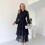 Solid Color Chiffon Long Sleeve Multi-layer Lace-up Elegant Dress Women