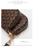 Brown patterned handbag with gold chain on a white background