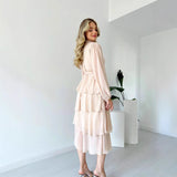 Solid Color Chiffon Long Sleeve Multi-layer Lace-up Elegant Dress Women