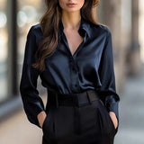 Satin Long Sleeve Blouse For Women Button-Up Collar Shirt