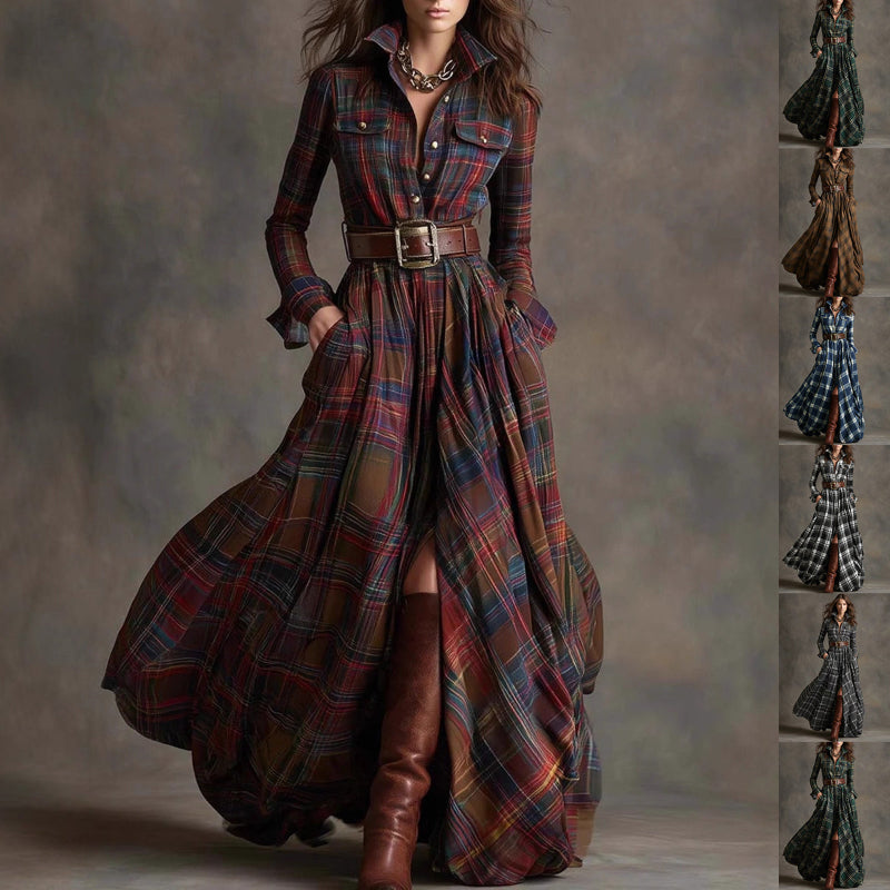 Woman wearing a long plaid dress with a belt and brown boots against a neutral background.
