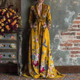 V-neck Long-sleeve Floral Lace-up Maxi Dress