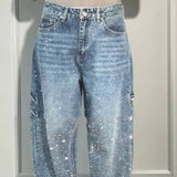 Ins Shiny Straight Jeans With Pockets Fashion Loose Wide-leg Pants