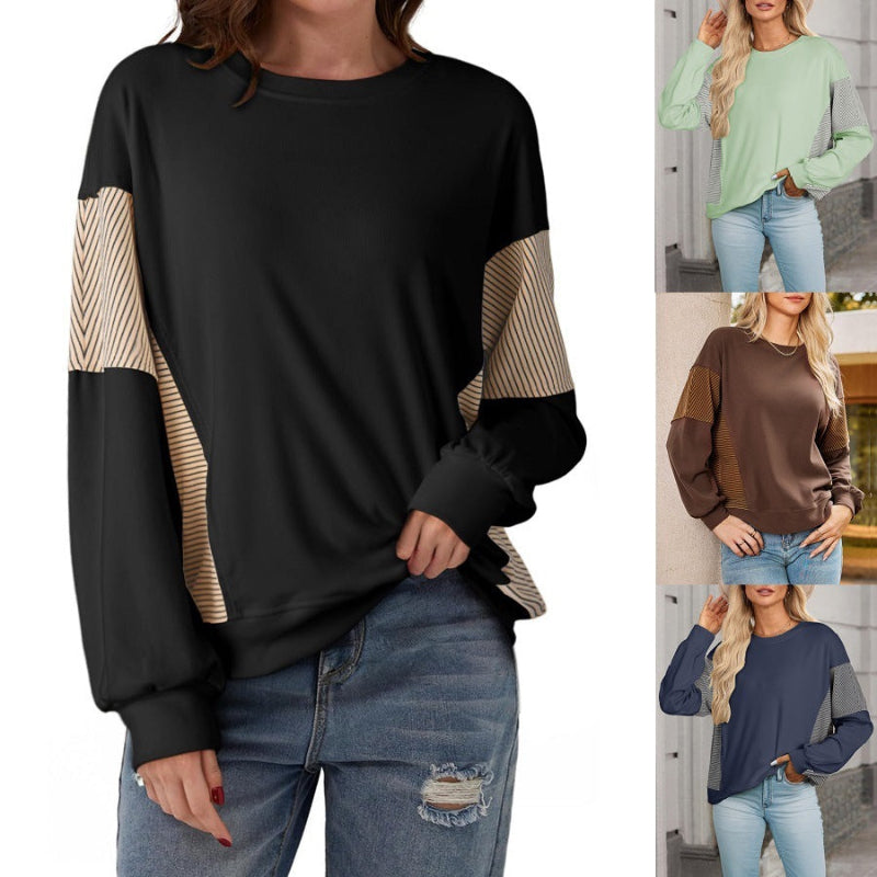Black sweater with beige and brown striped sleeves worn by a person, with additional images of the sweater in different colors.