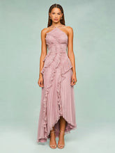 Pleated Halter Neck Long Dress With Lotus Purple Strapless