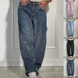 Ins Shiny Straight Jeans With Pockets Fashion Loose Wide-leg Pants