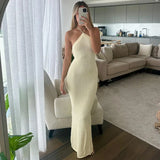 Knitted Long Dress For Women Hollow Halter Backless