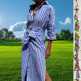 Striped Shirt Dress With Belt Fashion Half-sleeved Lapel Button