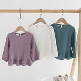 Girls' Ruffle Cotton Linen Long Sleeved T-shirt