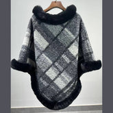 Big Fur Collar Cloak Mid-length Batwing Sleeve Pullover Classic Plaid Shawl