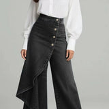 Denim Skort With Button Closure And Washed Finish For Women