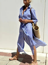 Striped Shirt Dress With Belt Fashion Half-sleeved Lapel Button