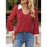 Contrast Collared Neck Long Sleeve Top