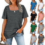 Gathered Striped Square Neck Short Sleeve T-Shirt Women