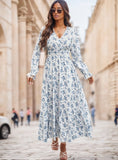 Floral Print Flounce Sleeve Shirred Dress Maxi Women Outfit