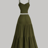 Casual Solid Color Ribbed Fit Vest Top And Ruched Hem A- Line Skirt