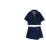 Short Shirt Double Breasted Culottes Denim Suit Women