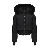 Women's Waist-tight Big Fur Collar Hooded Short Cotton Jacket