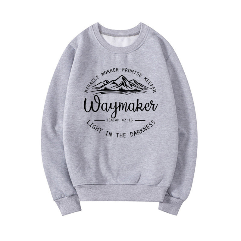 Gray sweatshirt with motivational text and mountain graphic on a white background