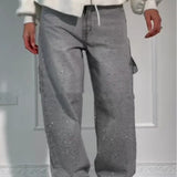 Ins Shiny Straight Jeans With Pockets Fashion Loose Wide-leg Pants