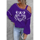 Tiger Graphic Long Sleeve Asymmetrical Neck Top