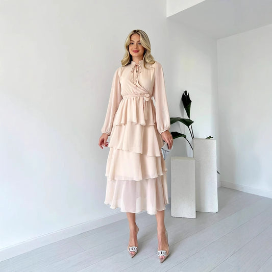 Solid Color Chiffon Long Sleeve Multi-layer Lace-up Elegant Dress Women