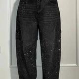 Ins Shiny Straight Jeans With Pockets Fashion Loose Wide-leg Pants