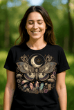 Woman wearing a black t-shirt with a butterfly and moon design outdoors