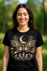 Woman wearing a black t-shirt with a butterfly and moon design outdoors