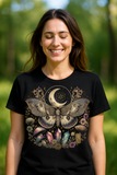 Woman wearing a black t-shirt with a butterfly and moon design outdoors