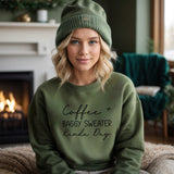 Woman wearing a green sweatshirt with text in a cozy indoor setting