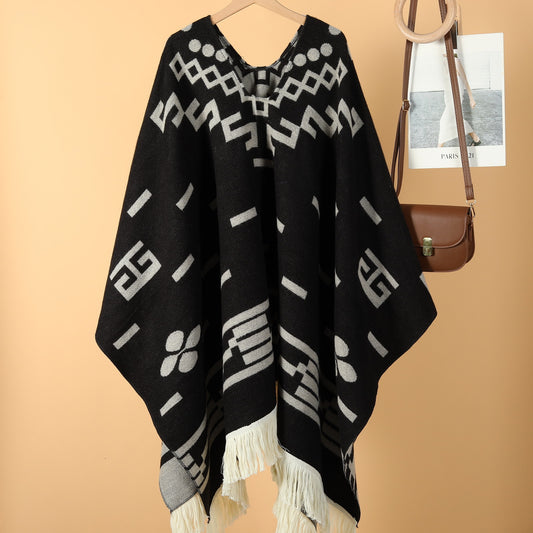 Western Denim Style Women's Shawl Tassel Pullover