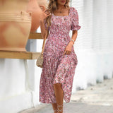 Women's Sleeve Waist Roll Square Collar Dress Woven Digital