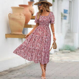 Women's Sleeve Waist Roll Square Collar Dress Woven Digital