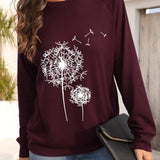 Dandelion Printed Long Sleeve Crew Neck Pullover Sweatshirt - Women's Clothing